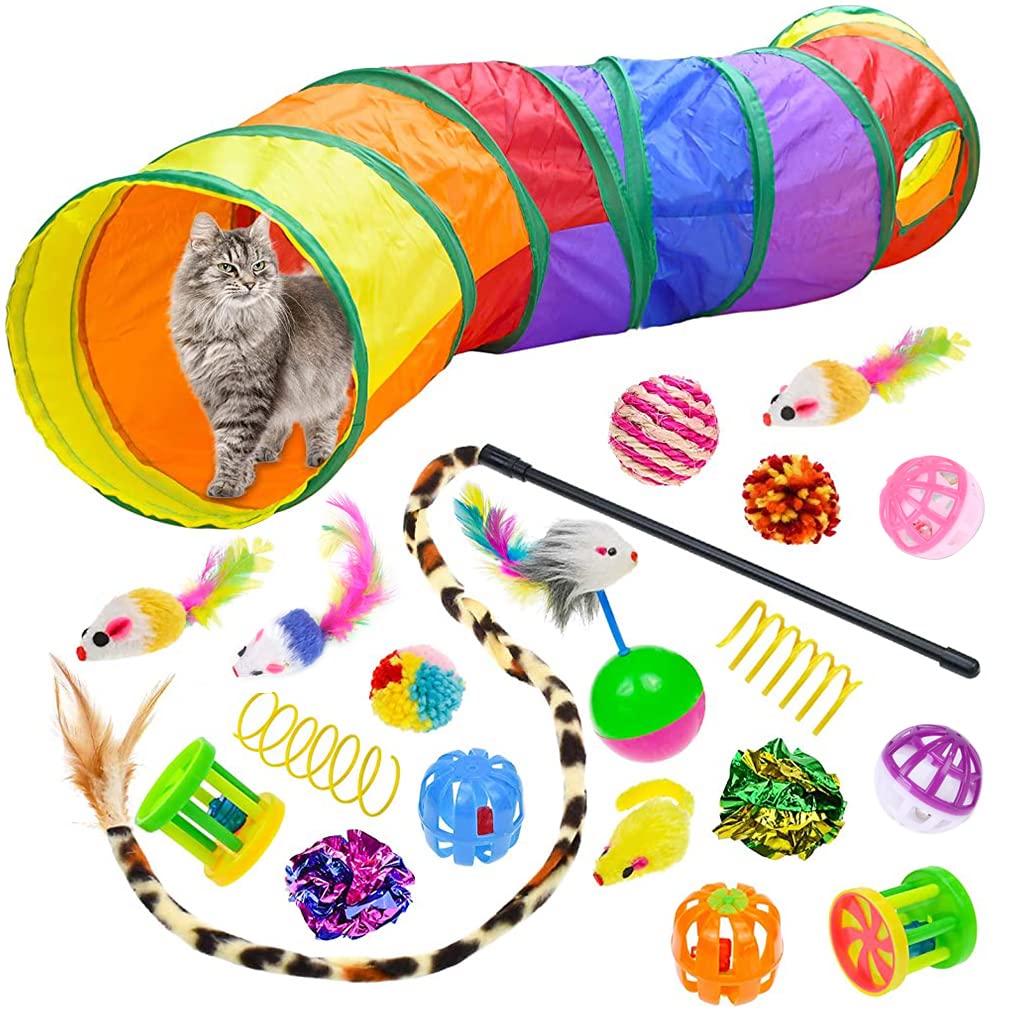 Qpets 20 PCS Cat Toys for Kittens Set, Collapsible Cat Rainbow Tunnels for Indoor Cats, Family Set Cat Teaser Toy Cat Feather Toy Fluffy Mouse Crinkle Balls Toys for Cat Puppy Kitty Qpets 20 PCS Cat Toys for Kittens Set, Collapsible Cat Rainbow Tunnels for Indoor Cats, Family Set Cat Teaser Toy Cat Feather Toy Fluffy Mouse Crinkle Balls Toys for Cat Puppy Kitty